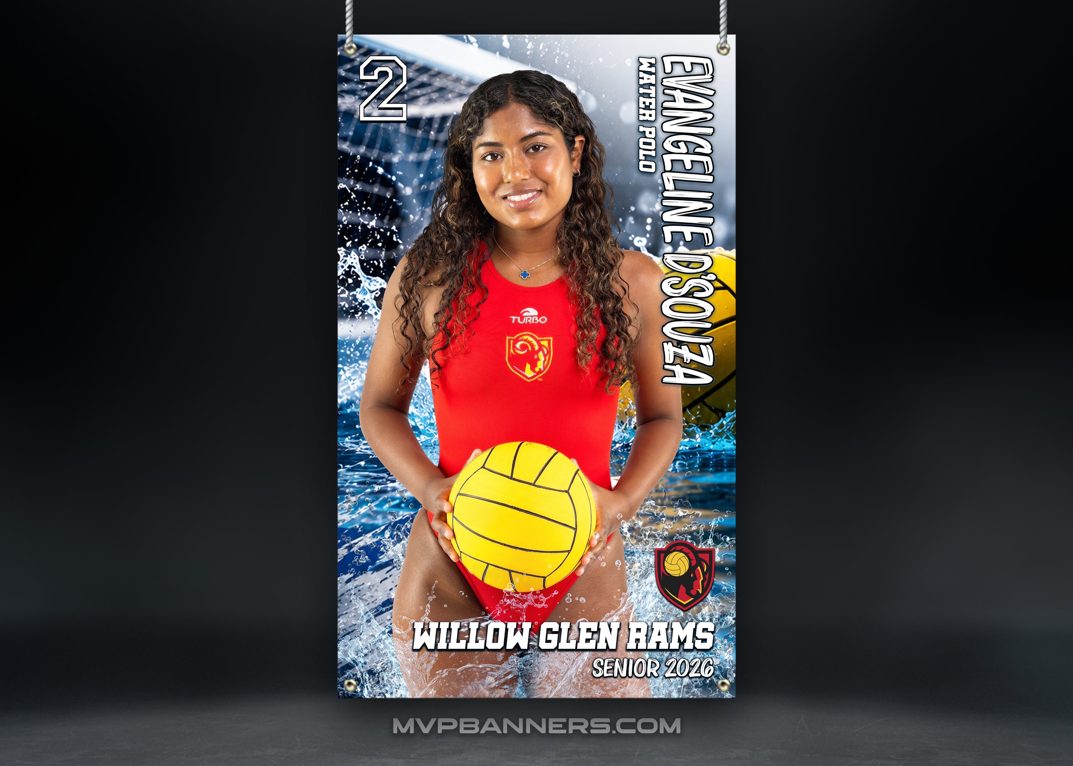 Face Off personalized water polo senior night banner featuring an athlete photo