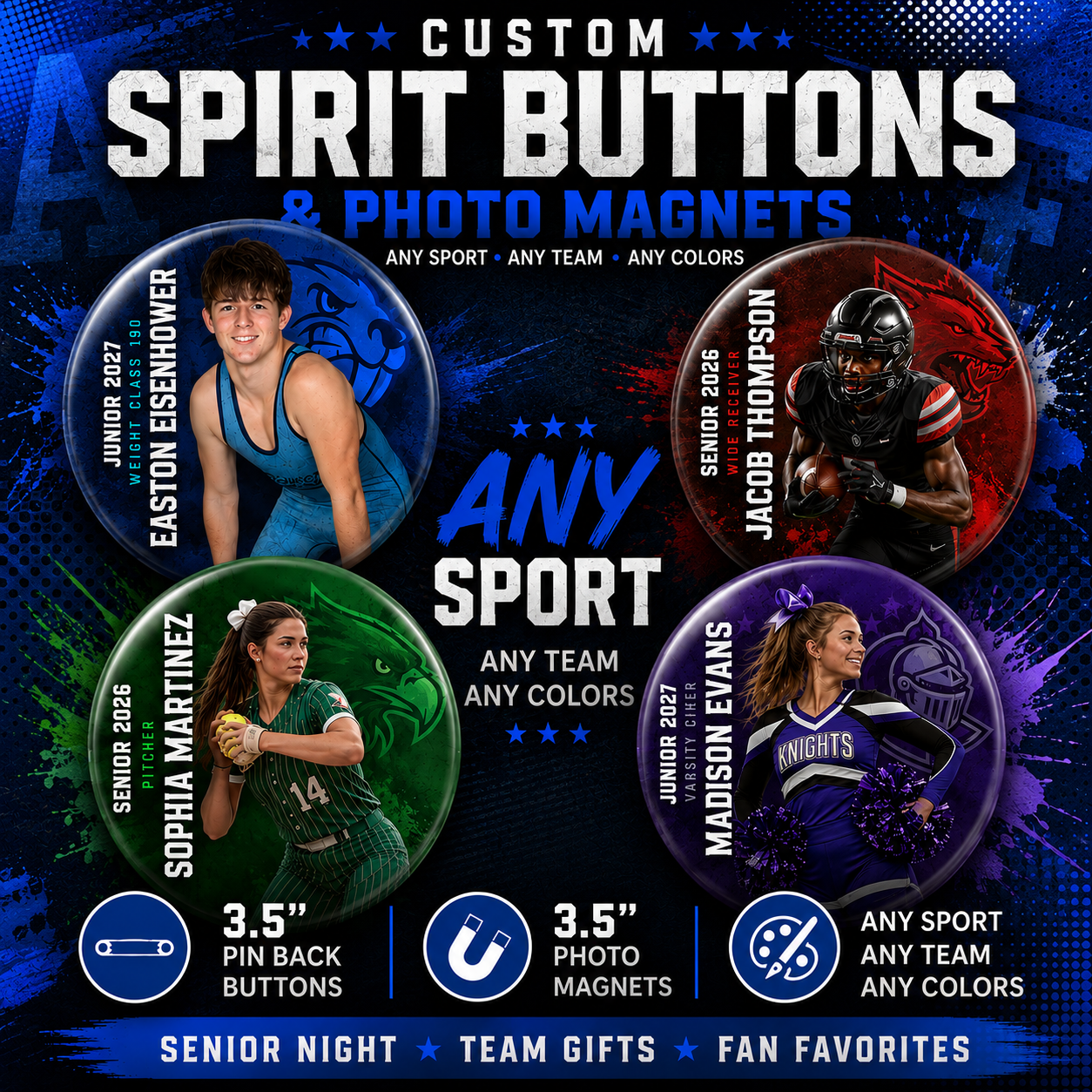 Custom Sports Team Spirit Button & Magnets | Senior Night | All Sports | Grind Mode