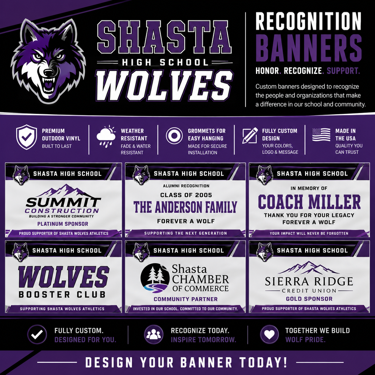 School banner design options for sponsor, alumni, and community recognition