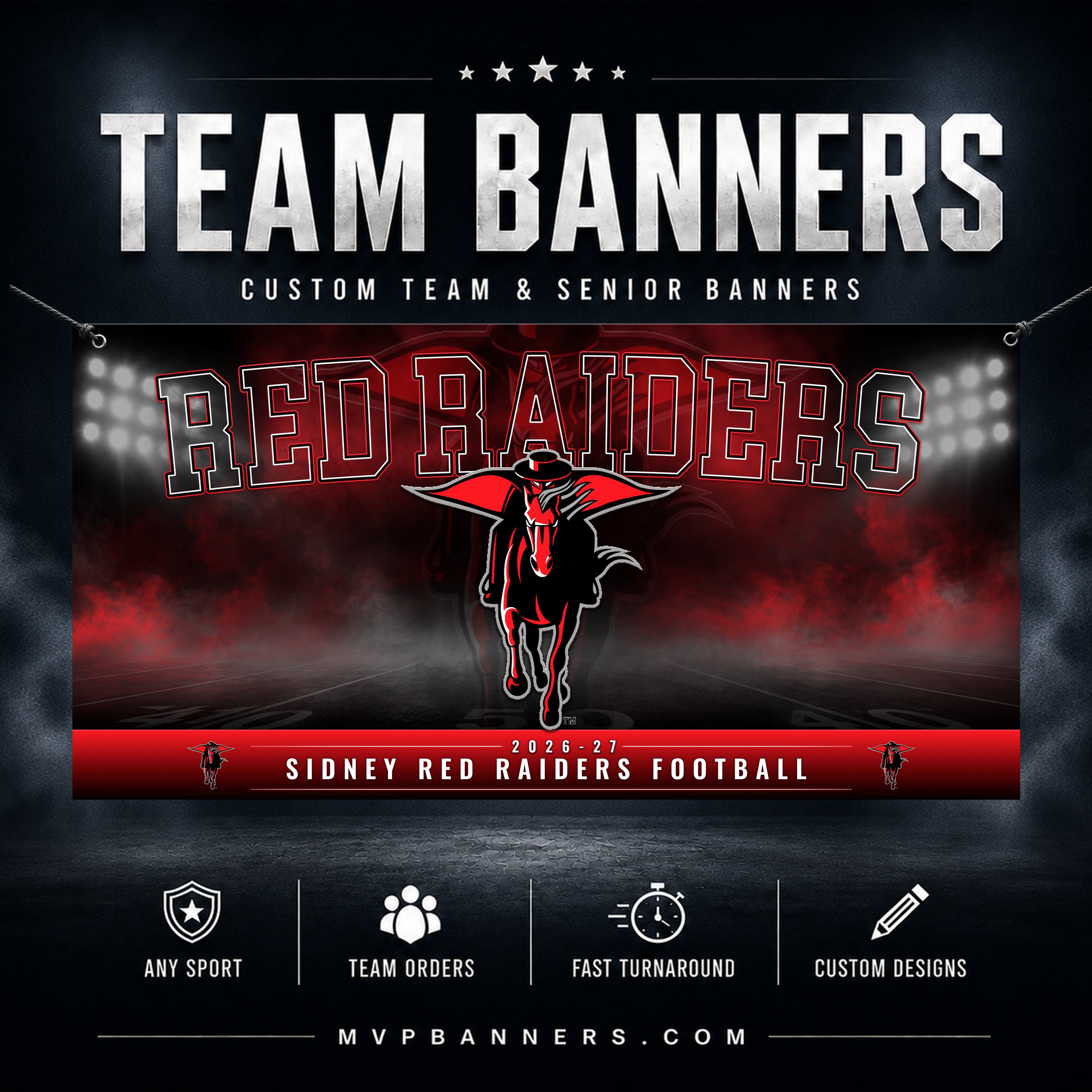Custom Mascot Banner | Personalized School Mascot Banner | MVP Banners | Stadium Lights