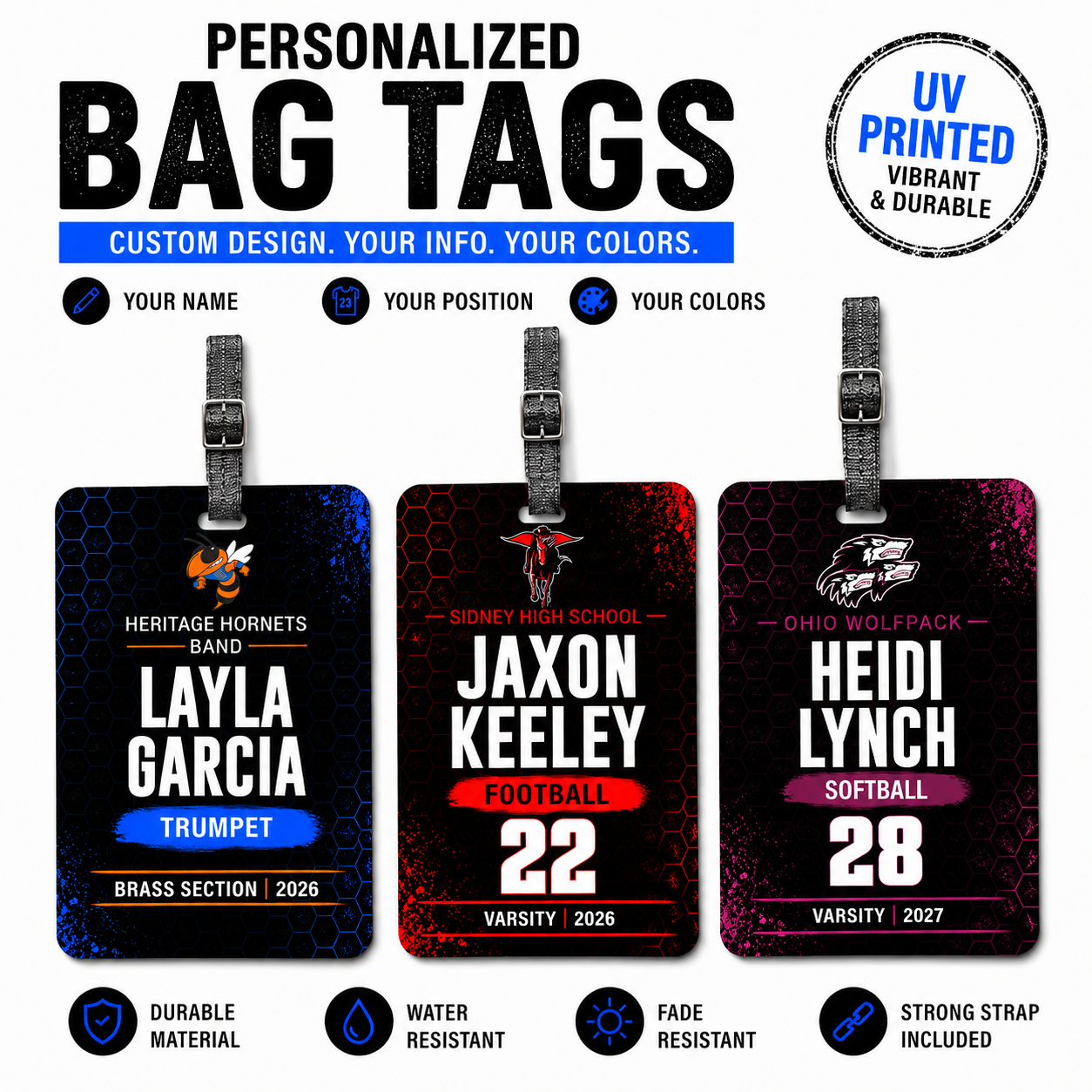 Personalized Bag Tag | Custom Sports, Band & School Luggage Tag | Honeycomb product example