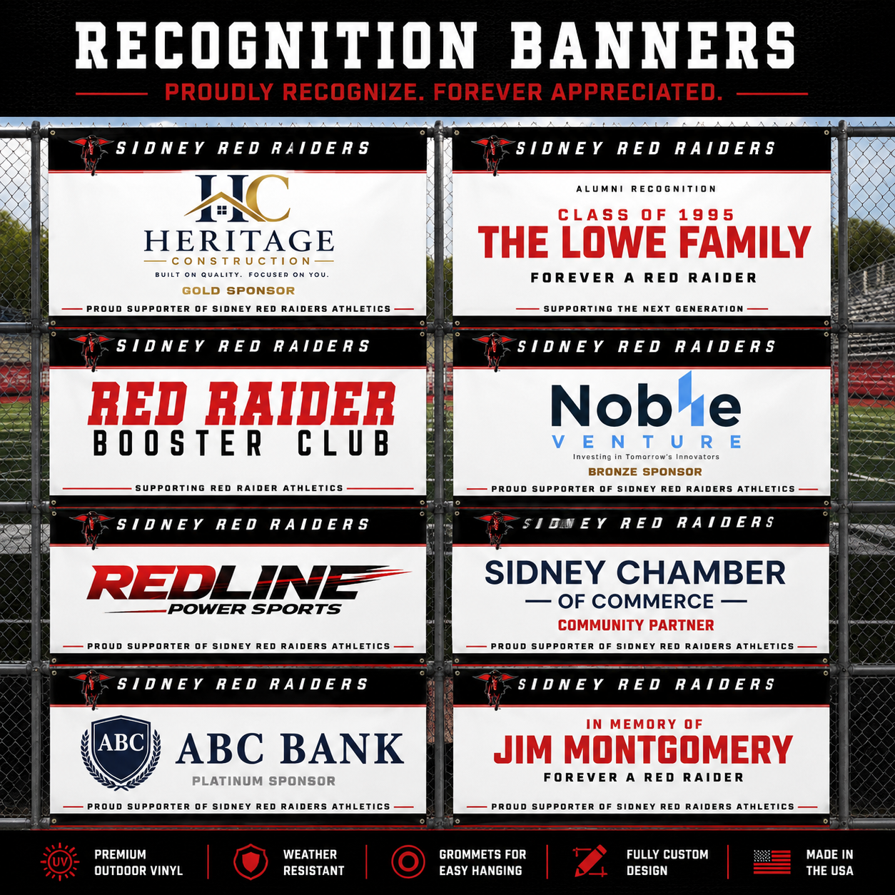 Custom school recognition and sponsor banner examples from MVP Banners