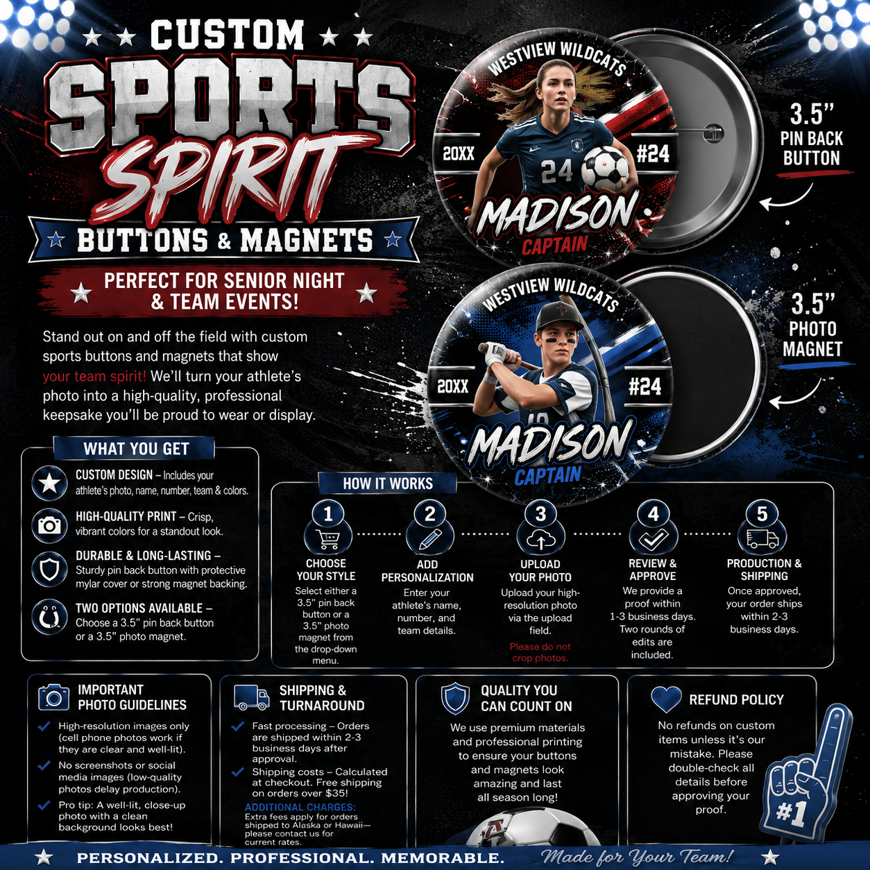 Custom Sports Team Spirit Button & Magnets | Senior Night | All Sports | Apex