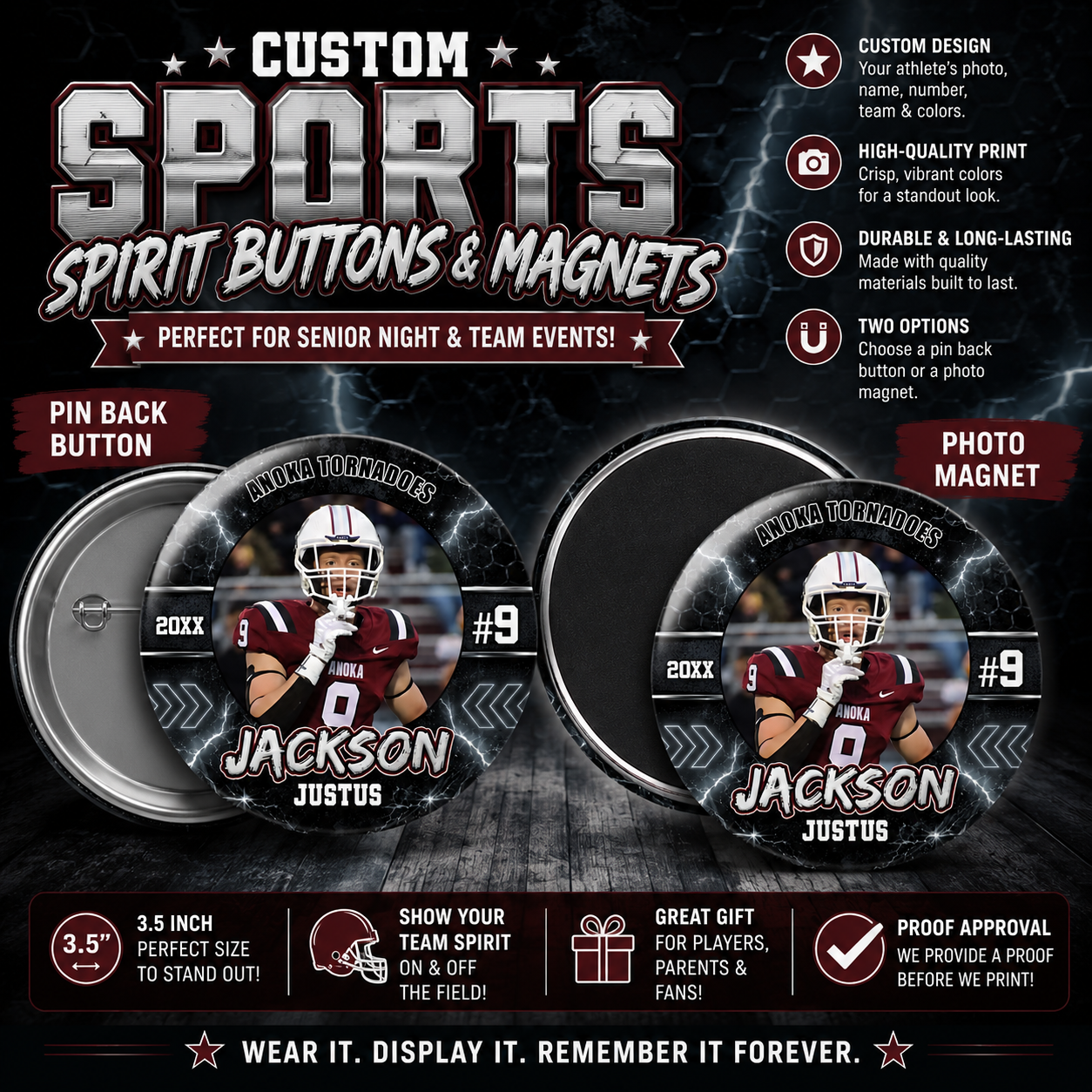 Custom Sports Team Spirit Button & Magnets | Senior Night | All Sports | Apex