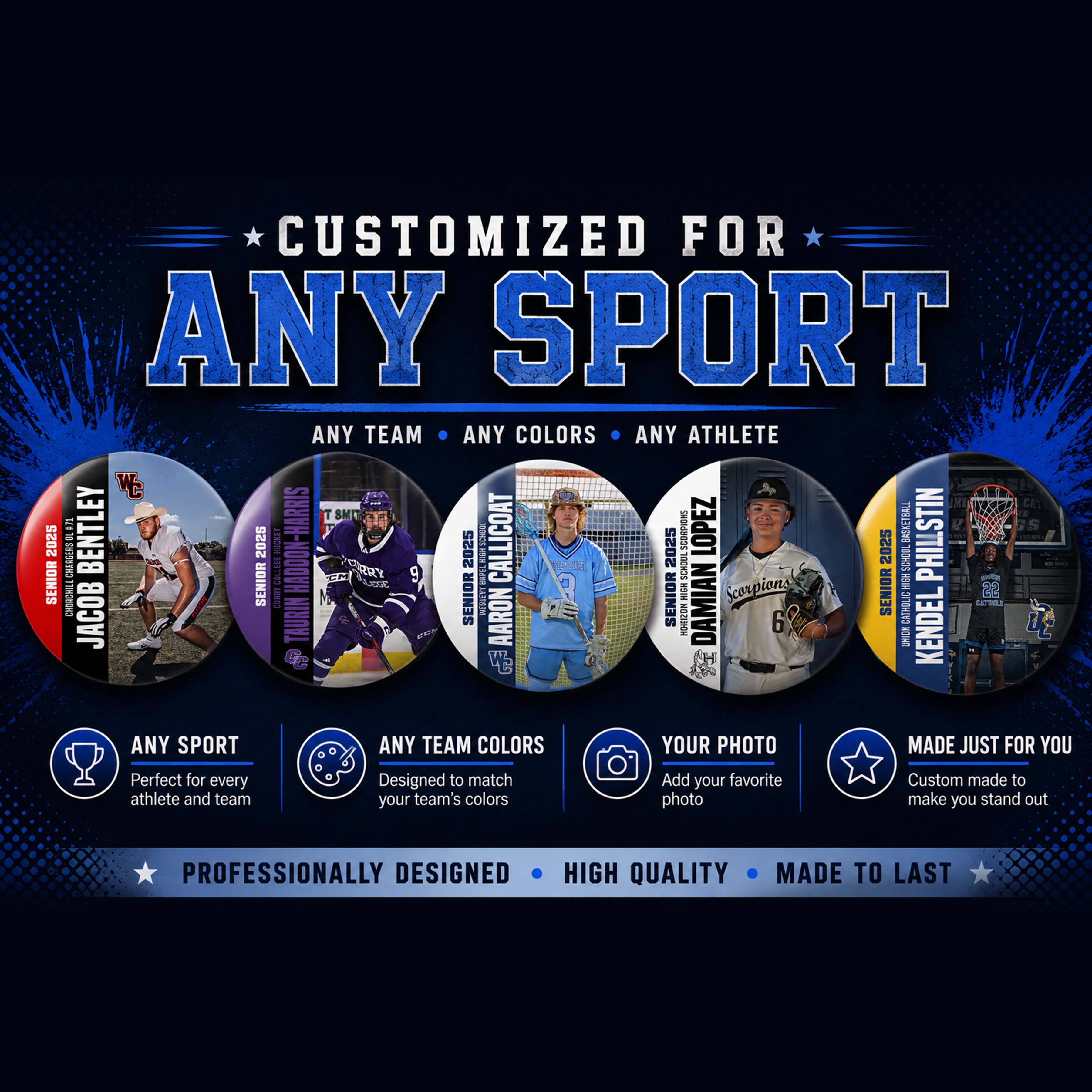 Custom Sports Team Spirit Button & Magnets | Senior Night | All Sports | Champion's Pride