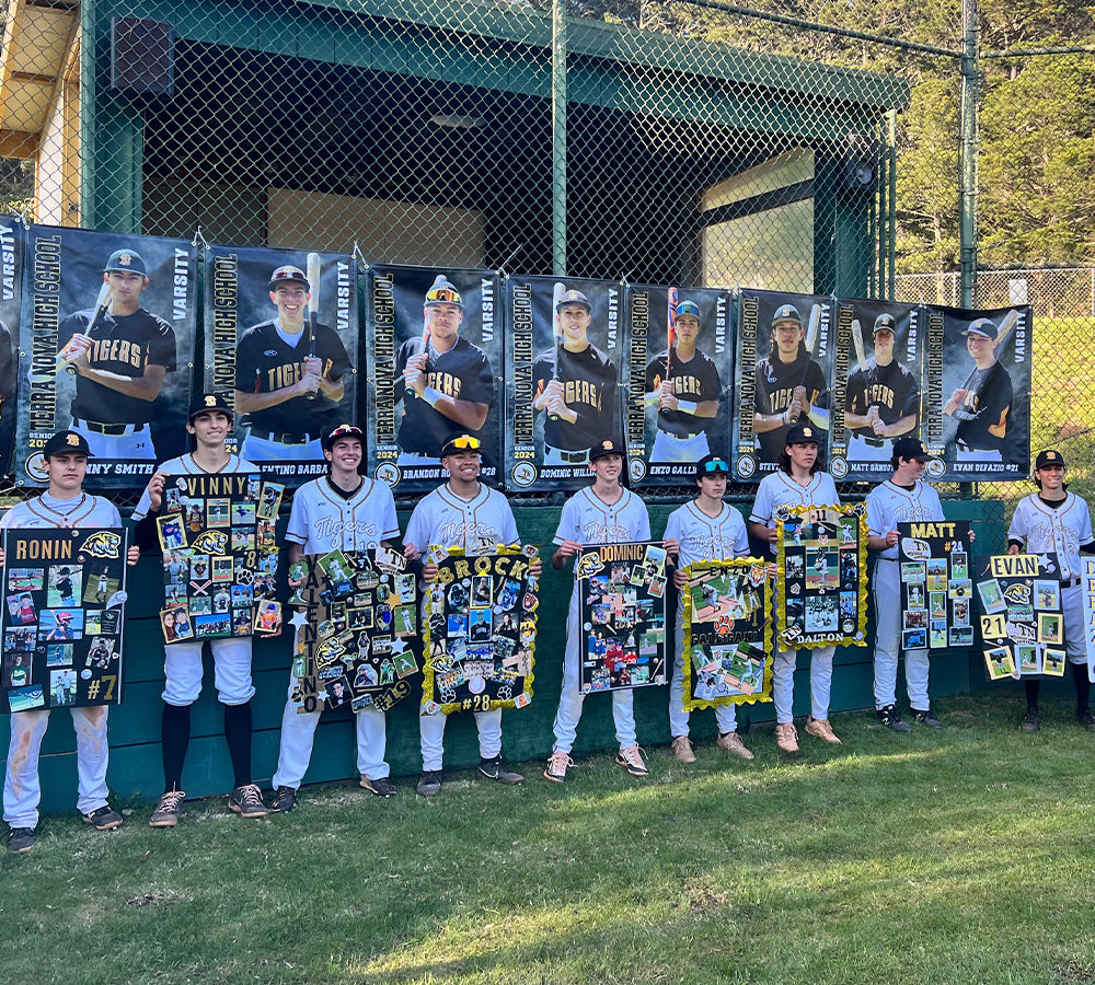 Custom senior athlete banner displayed at a school