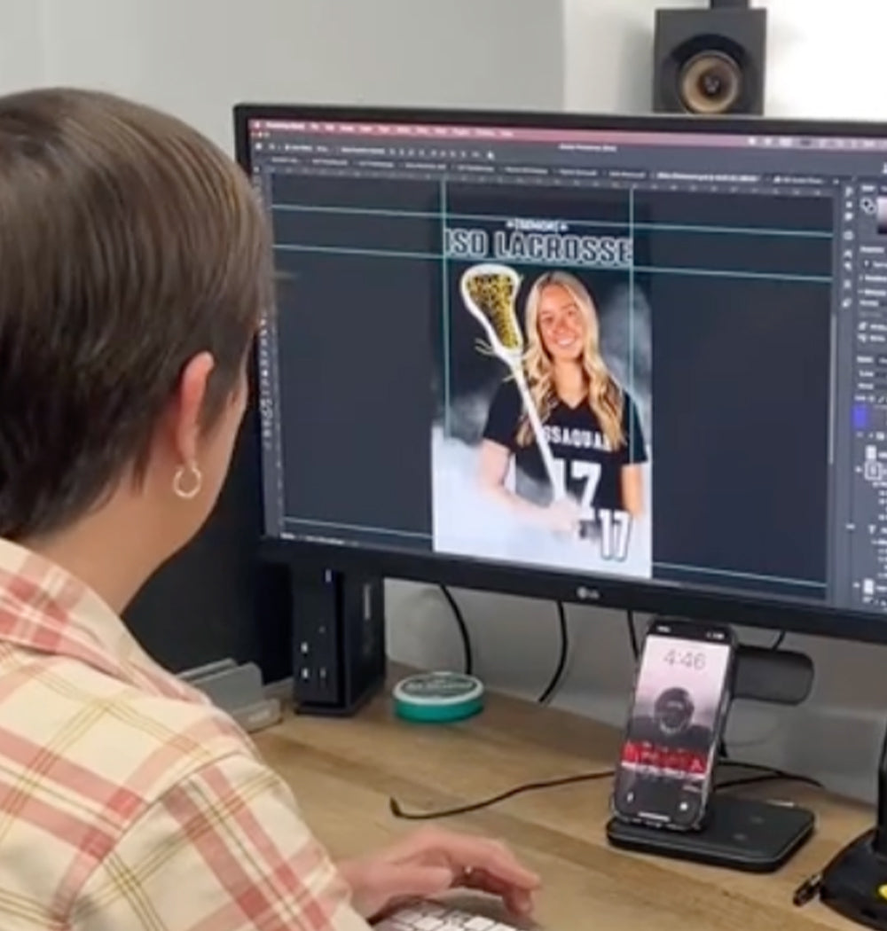 Jamie designing a custom athlete banner