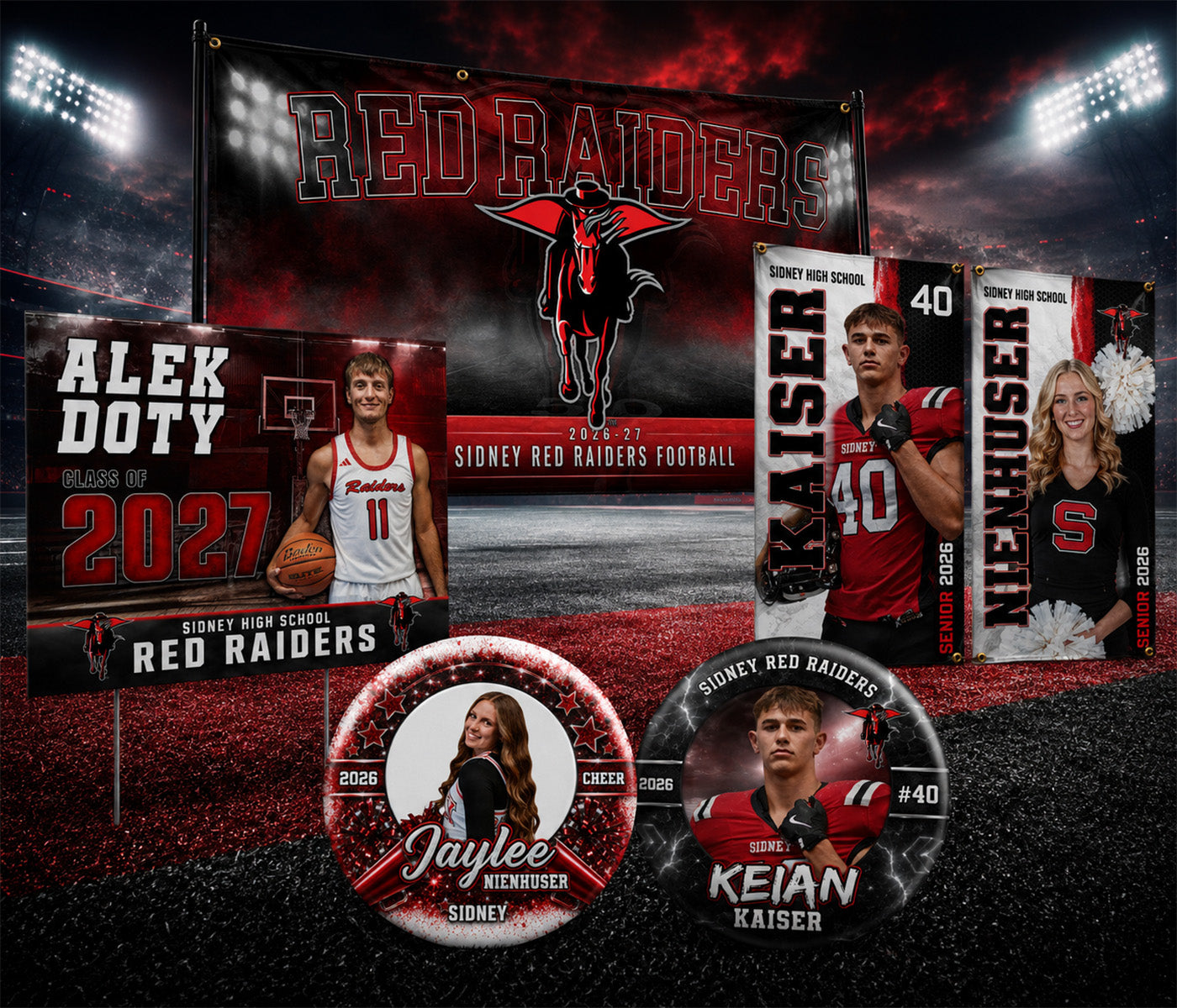 Custom player banners, team banner, yard signs, and spirit buttons for school teams