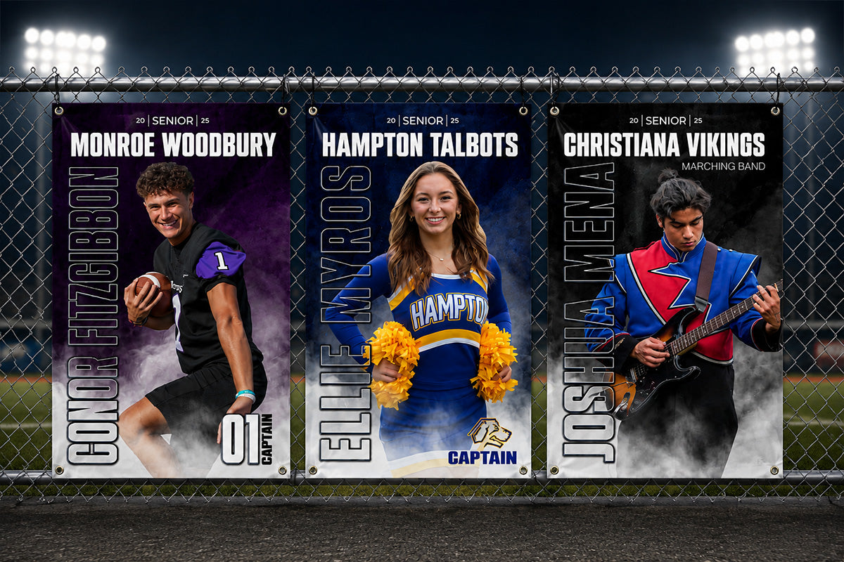 Custom player banners for sports, cheer, band, and senior night