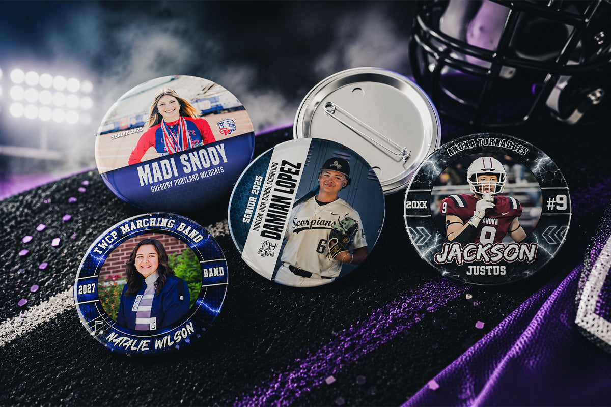 Personalized spirit buttons and magnets for teams and senior night